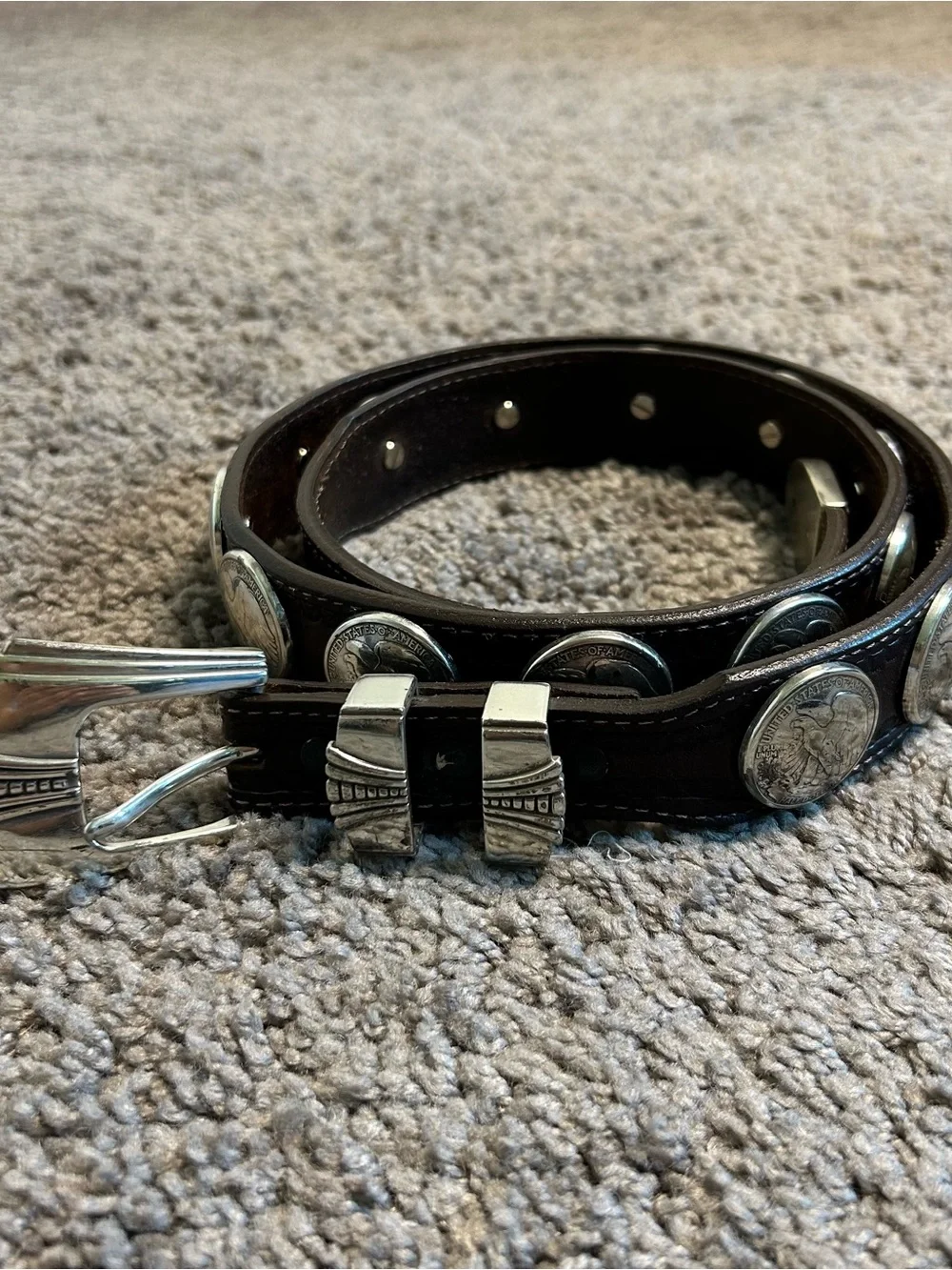 Vintage Justin Leather Coin Concho Belt with Silver Buckle